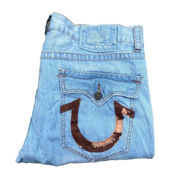 True Religion Jeans Size 40 Blue Leather Horseshoe - Picture 1 of 10